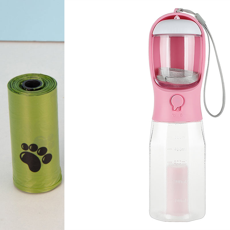 Portable 3-in-1 Dog & Cat Water Bottle – Food Container + Poop Bag Dispenser