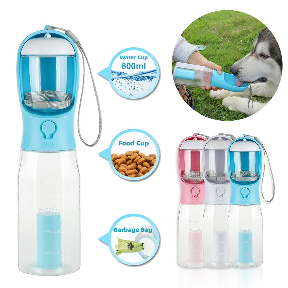 Portable 3-in-1 Dog & Cat Water Bottle – Food Container + Poop Bag Dispenser